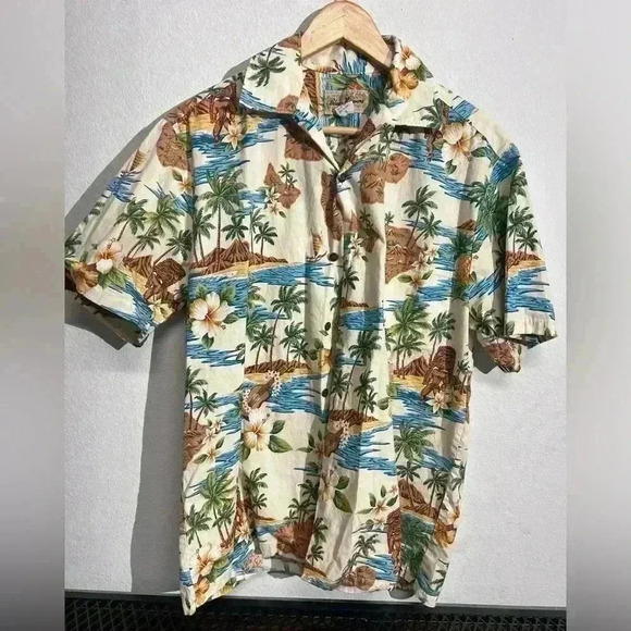 Blue Hawaii Boys Button Up Short Sleeve Tan Vintage Shirt Size Medium - Picture 1 of 5